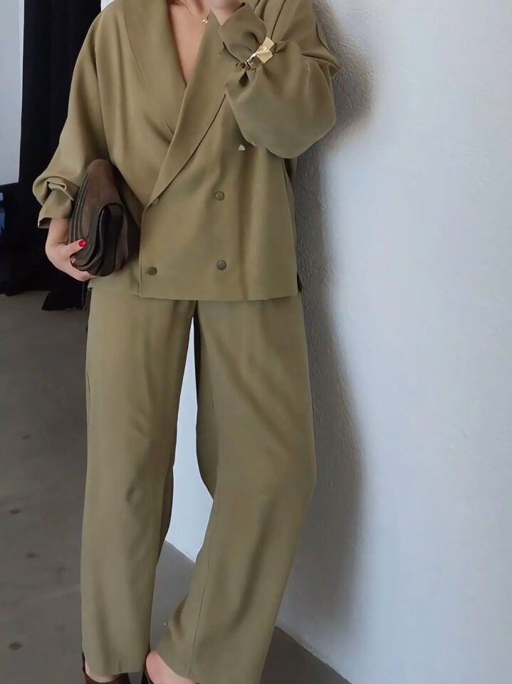 Haki Renk Oversize Şal Yaka Pantolon-Ceket Takım