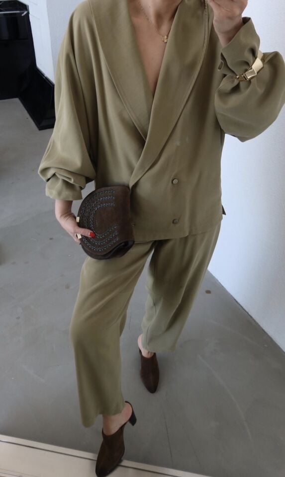 Haki Renk Oversize Şal Yaka Pantolon-Ceket Takım