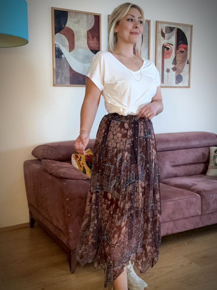 Desenli Şifon Asimetrik Etek