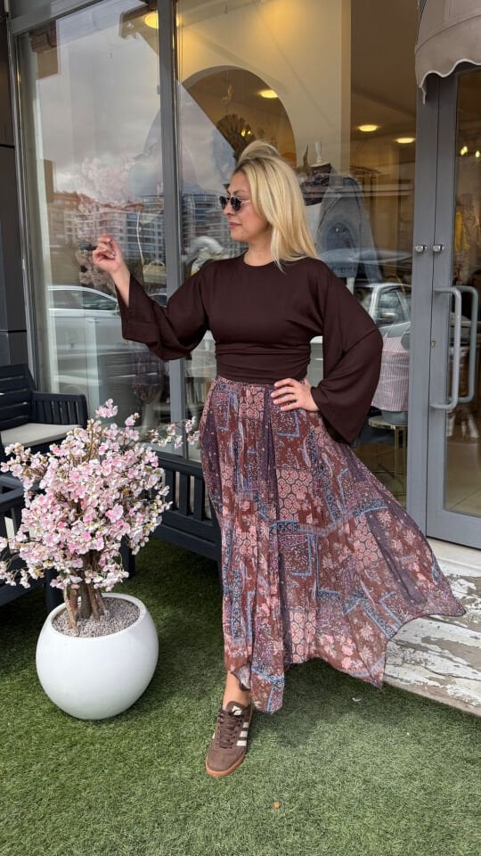 Desenli Şifon Asimetrik Etek