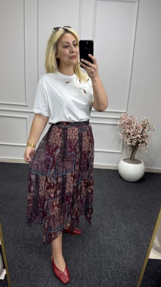 Desenli Şifon Asimetrik Etek