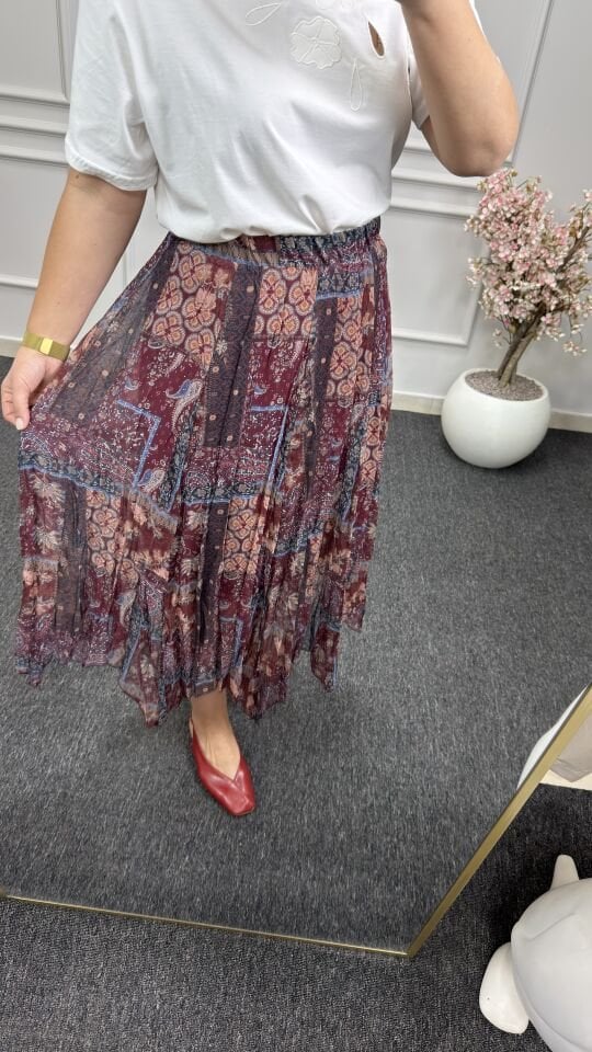 Desenli Şifon Asimetrik Etek