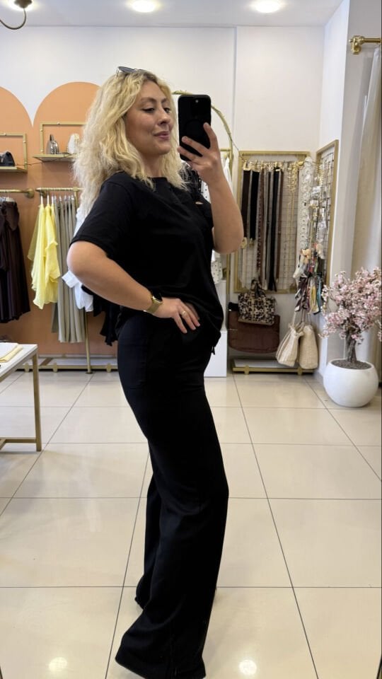 Modal Kumaş Beli Lastikli Siyah Pantolon