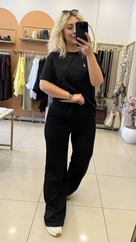 Modal Kumaş Beli Lastikli Siyah Pantolon