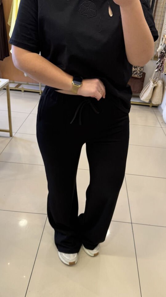 Modal Kumaş Beli Lastikli Siyah Pantolon