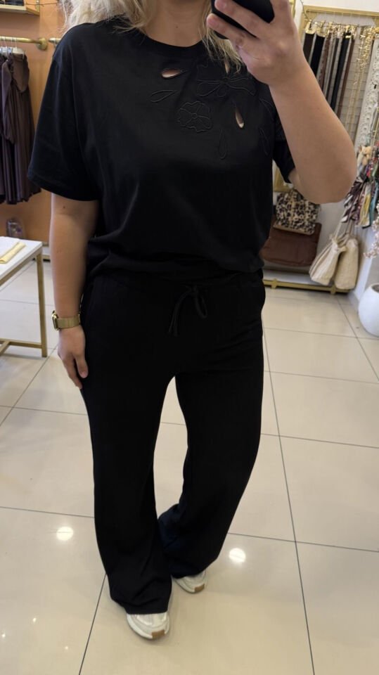 Modal Kumaş Beli Lastikli Siyah Pantolon