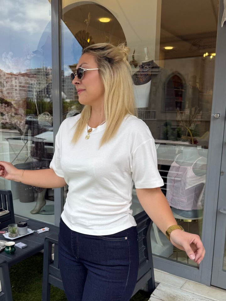 Yan Drape Detay Pamuk Kısa Kol Tshirt