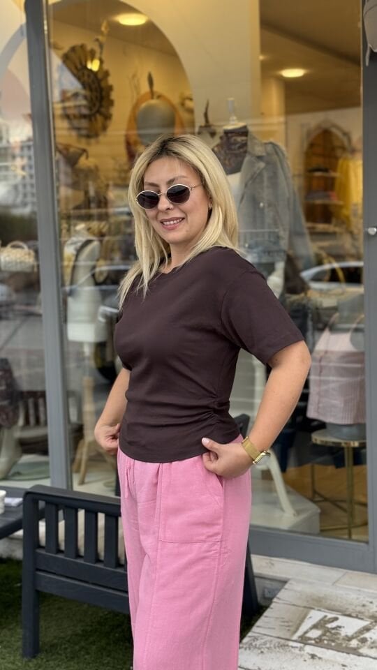 Yan Drape Detay Pamuk Kısa Kol Tshirt