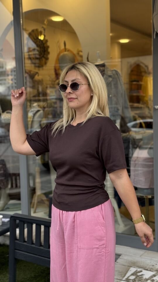 Yan Drape Detay Pamuk Kısa Kol Tshirt