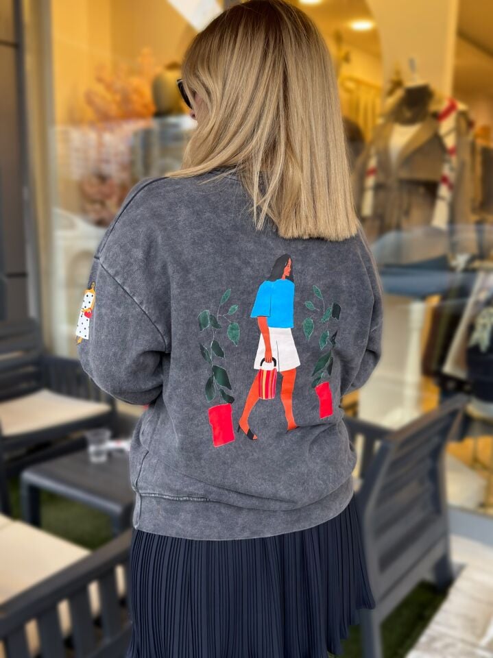 Kadın Baskılı Antrasit Oversize Sweatshirt