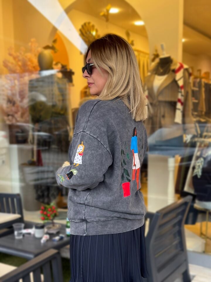 Kadın Baskılı Antrasit Oversize Sweatshirt