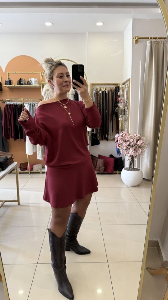 Modal Kumaş Bordo Etekli Takım