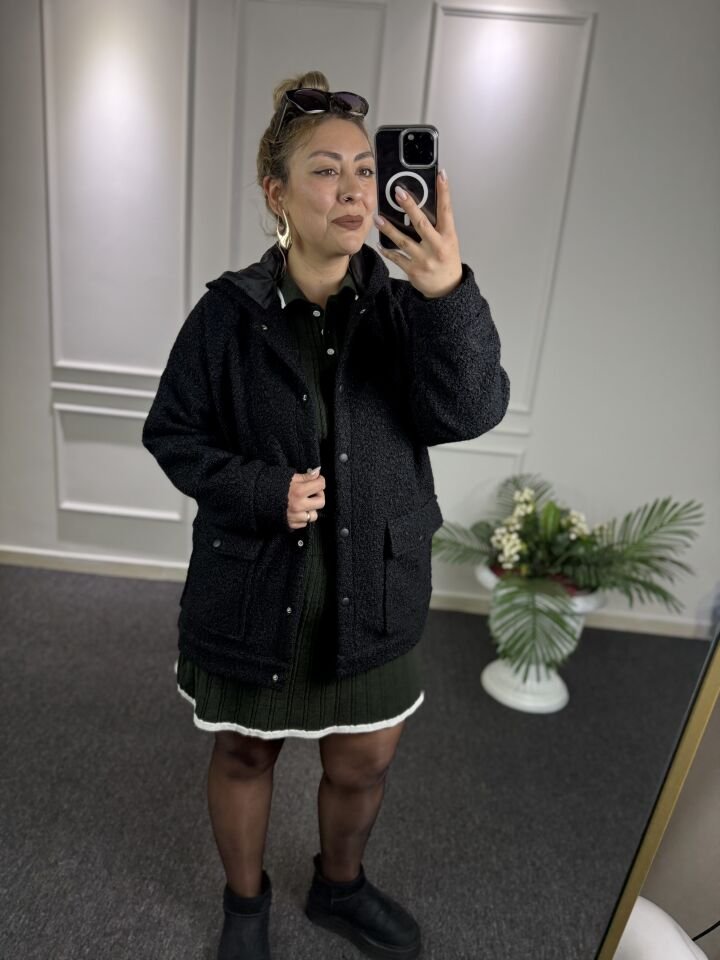 Zra Siyah Buklet Kapüşonlu Kaban