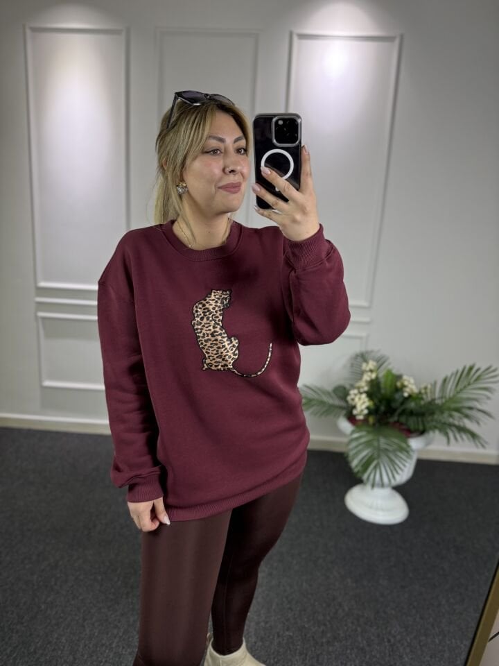 Leopar Detay Bordo Şardonlu Sweat