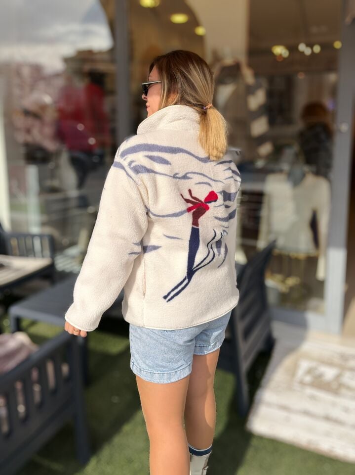 Dört Detay Gri Geçişli Ekru Peluş Ceket