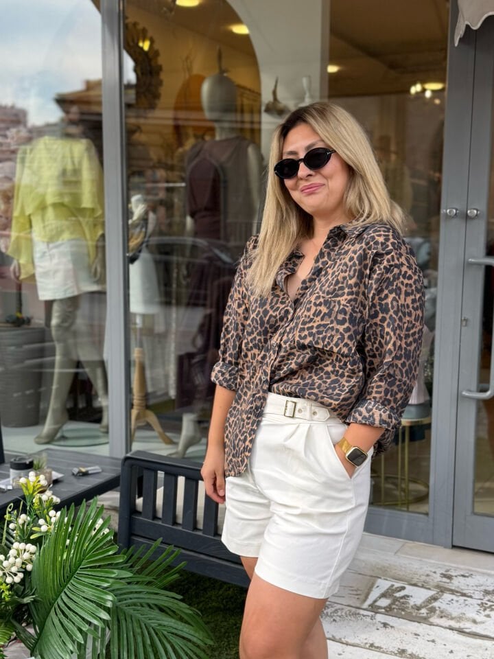 Leopar Desenli Oversize Tencel Gömlek