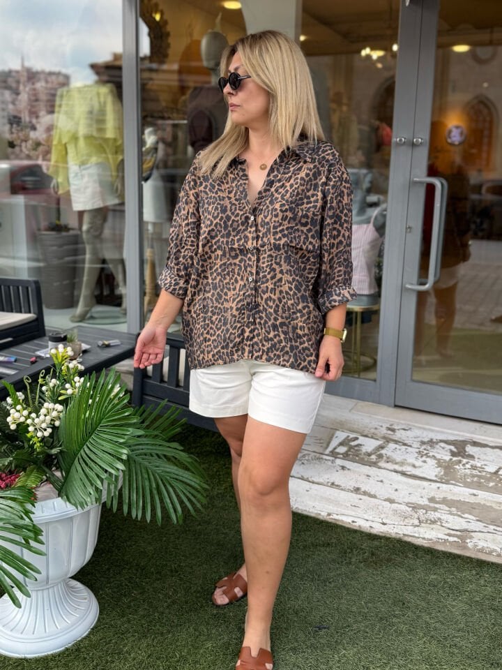 Leopar Desenli Oversize Tencel Gömlek
