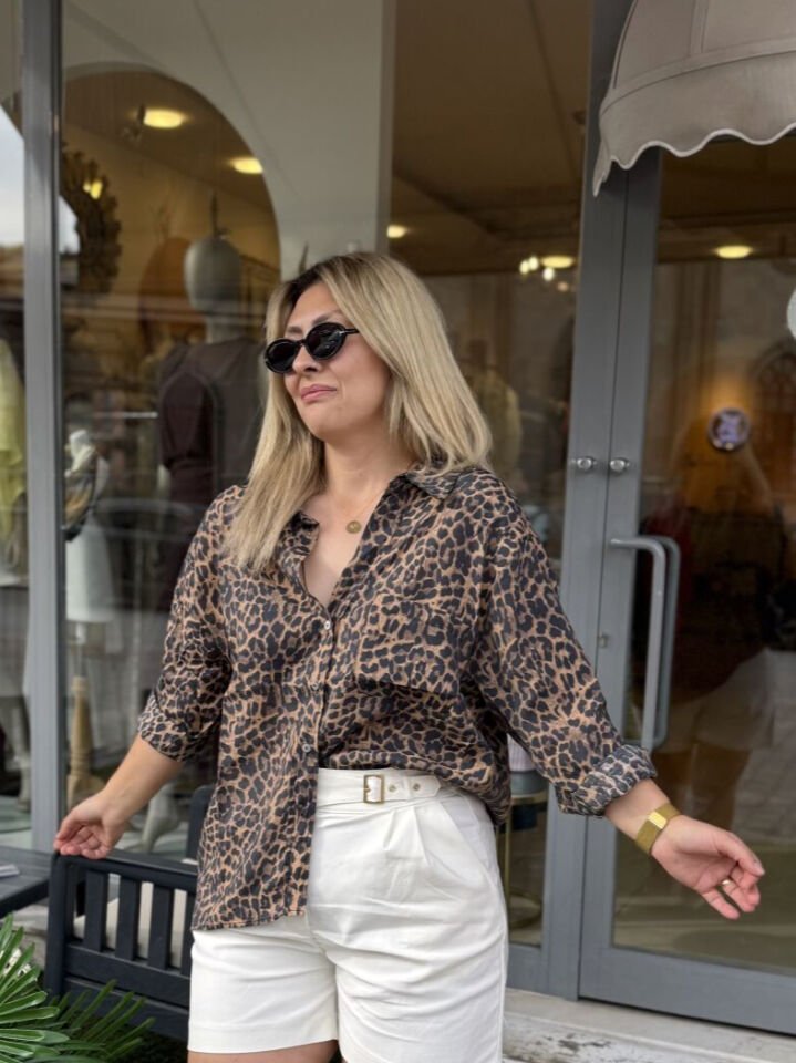 Leopar Desenli Oversize Tencel Gömlek