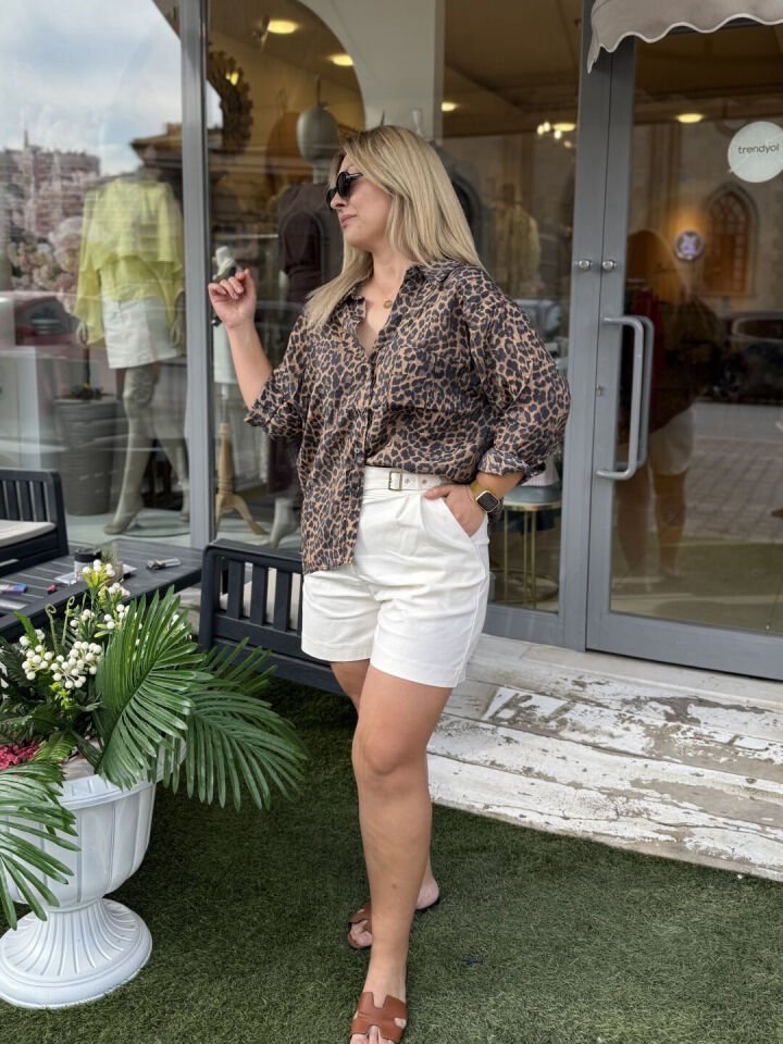 Leopar Desenli Oversize Tencel Gömlek