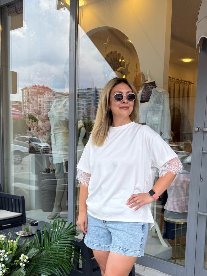 Tasarım Modal Kumaş Kol Ucu ve Sırt Dantel Tshirt