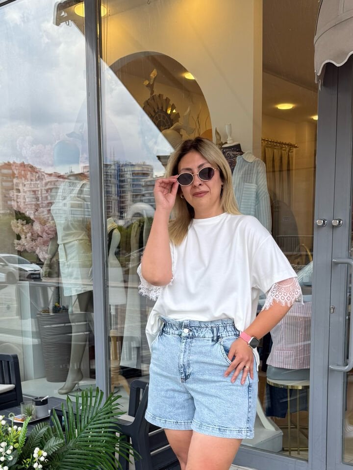 Tasarım Modal Kumaş Kol Ucu ve Sırt Dantel Tshirt