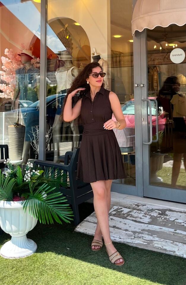 Yaka Düğme Bel Drape Mini Elbise