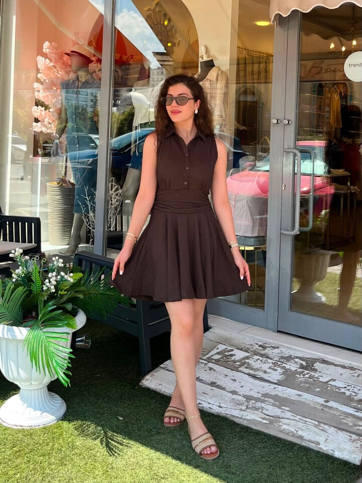 Yaka Düğme Bel Drape Mini Elbise