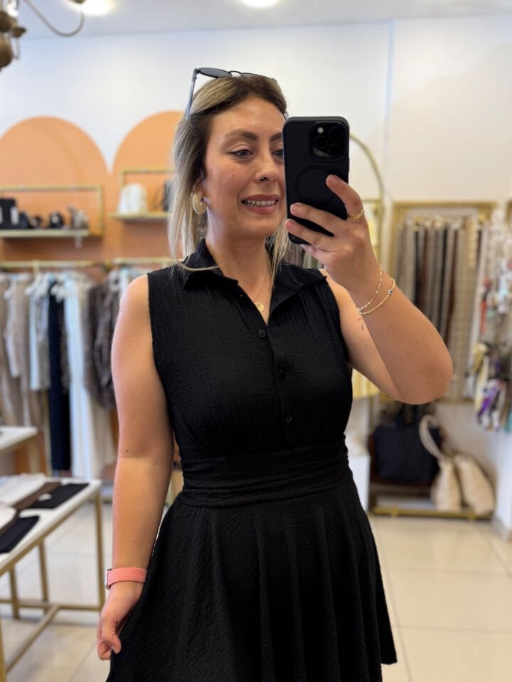 Yaka Düğme Bel Drape Mini Elbise
