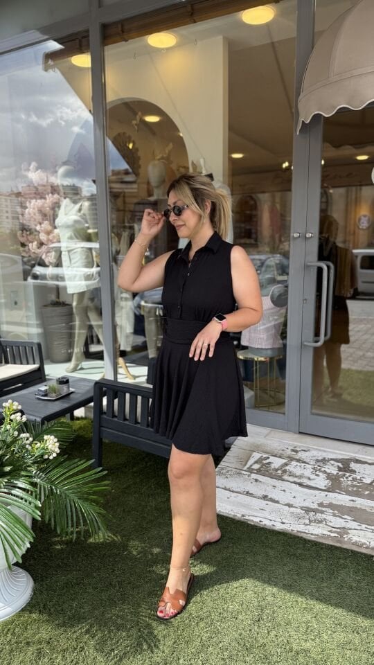 Yaka Düğme Bel Drape Mini Elbise