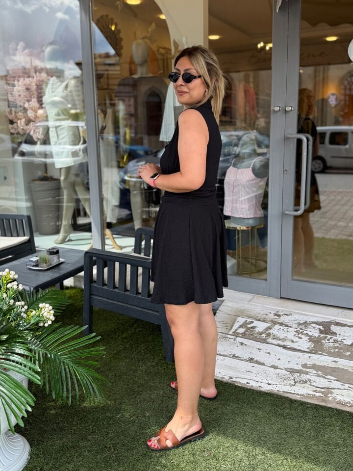 Yaka Düğme Bel Drape Mini Elbise