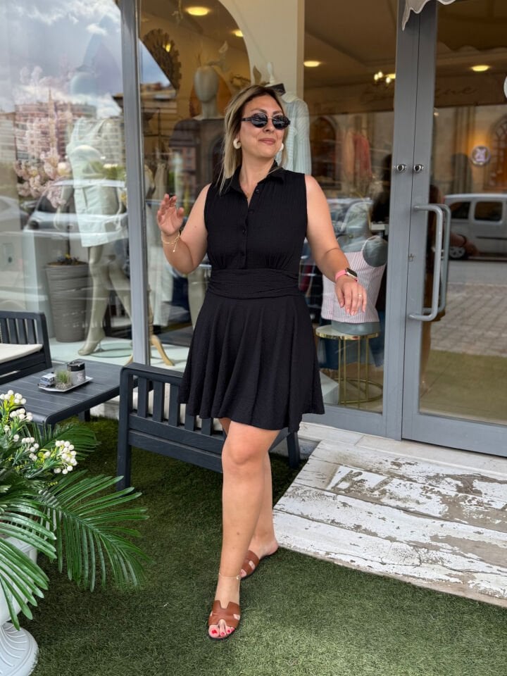 Yaka Düğme Bel Drape Mini Elbise