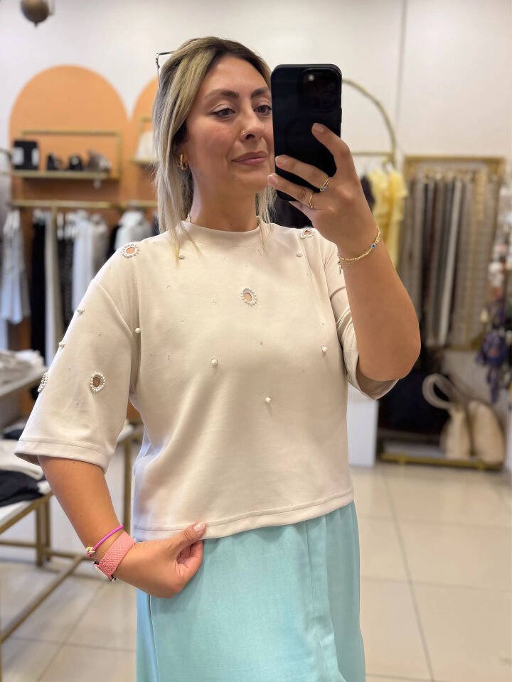 İpkyl İnci Detay Kısa Oversize Modal Tshirt