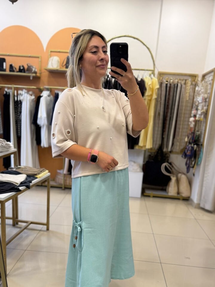 İpkyl İnci Detay Kısa Oversize Modal Tshirt