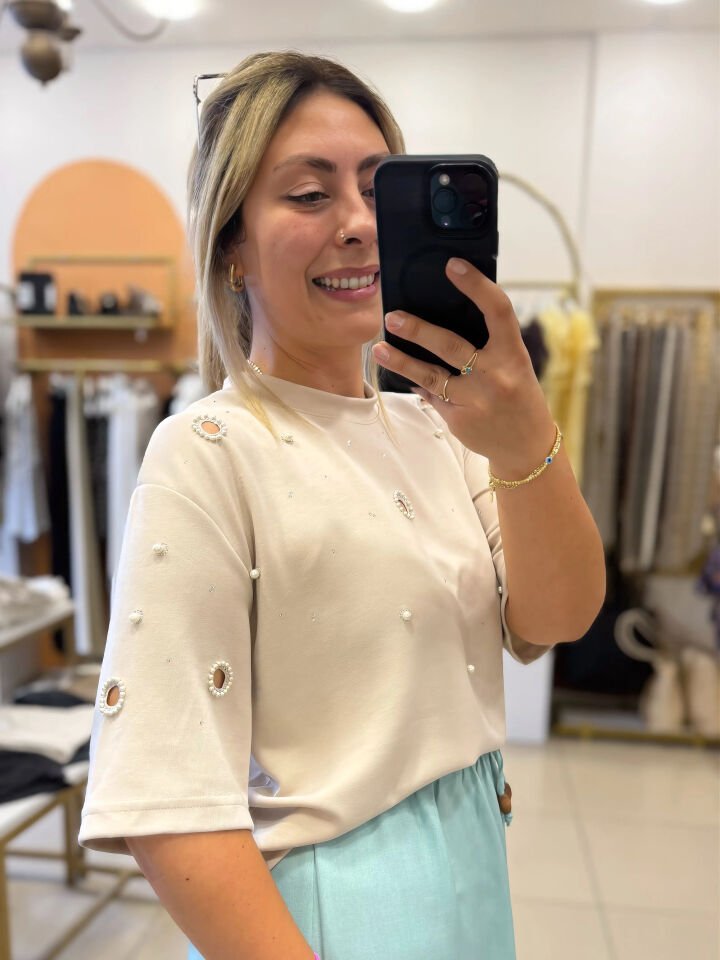 İpkyl İnci Detay Kısa Oversize Modal Tshirt
