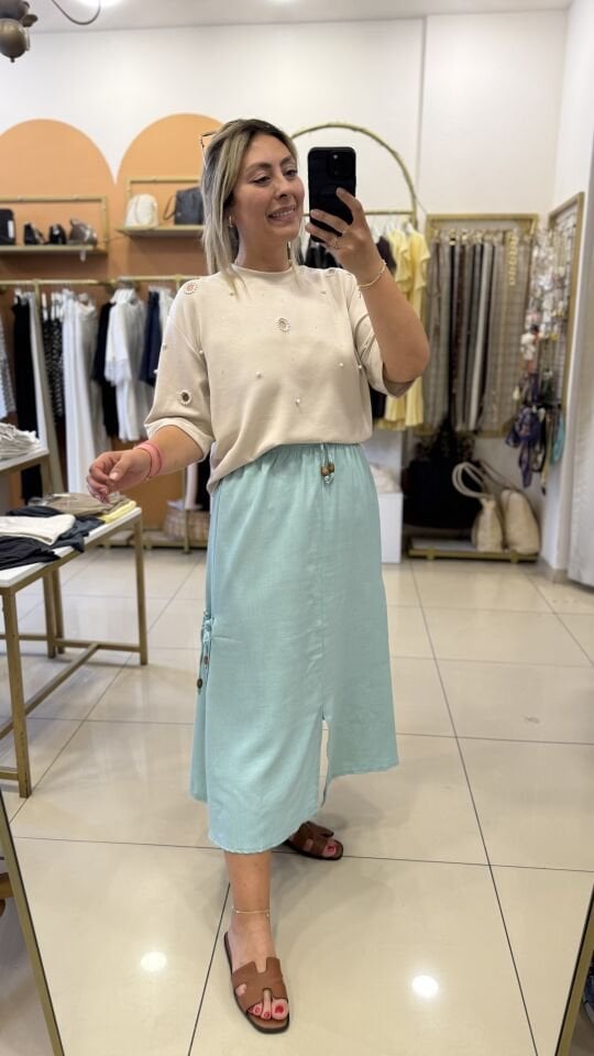 Keten Beli Lastikli Yan Cepli Midi Etek