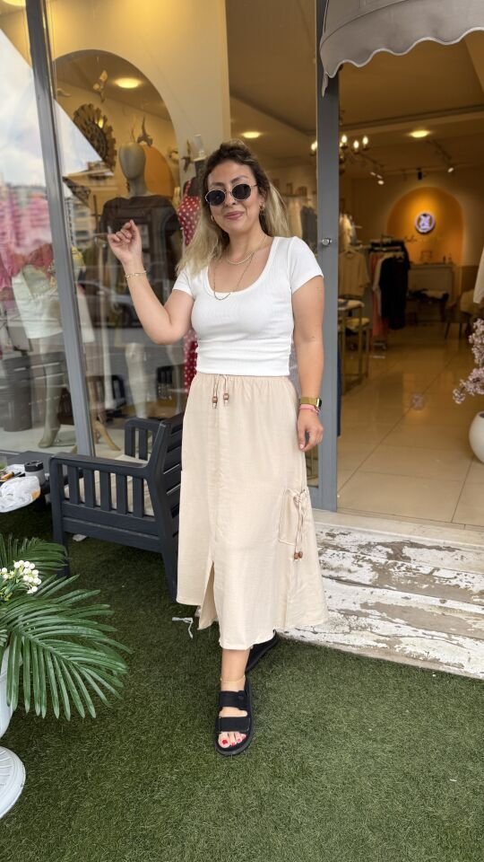 Keten Beli Lastikli Yan Cepli Midi Etek