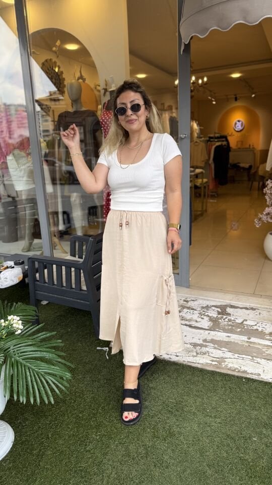 Keten Beli Lastikli Yan Cepli Midi Etek