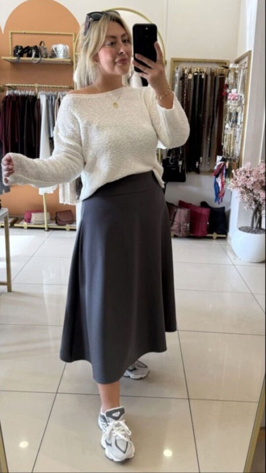 Diagonal Kumaş Gri Çan Etek