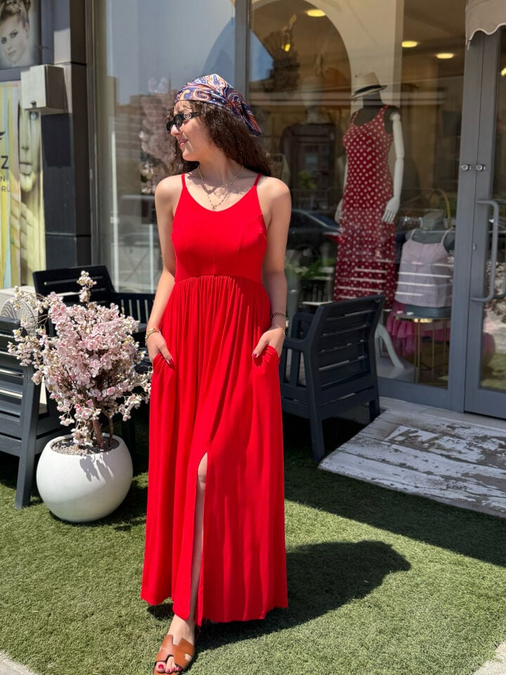 Askılı Modal Kumaş Sırt Çapraz Detay Elbise