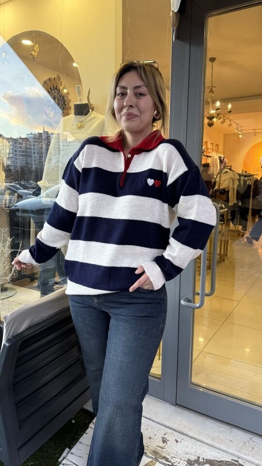 Oversize Çizgili Polo Yaka Kazak