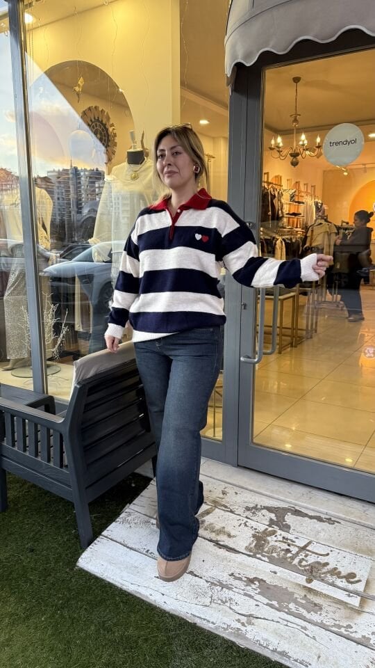 Oversize Çizgili Polo Yaka Kazak