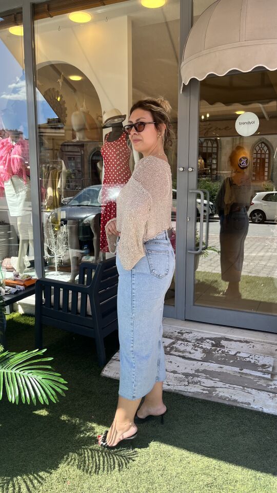 Zra Buz Mavi Yırtmaç Detay Midi Denim Etek