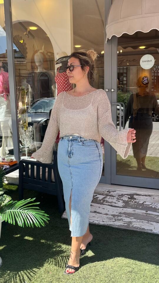 Zra Buz Mavi Yırtmaç Detay Midi Denim Etek