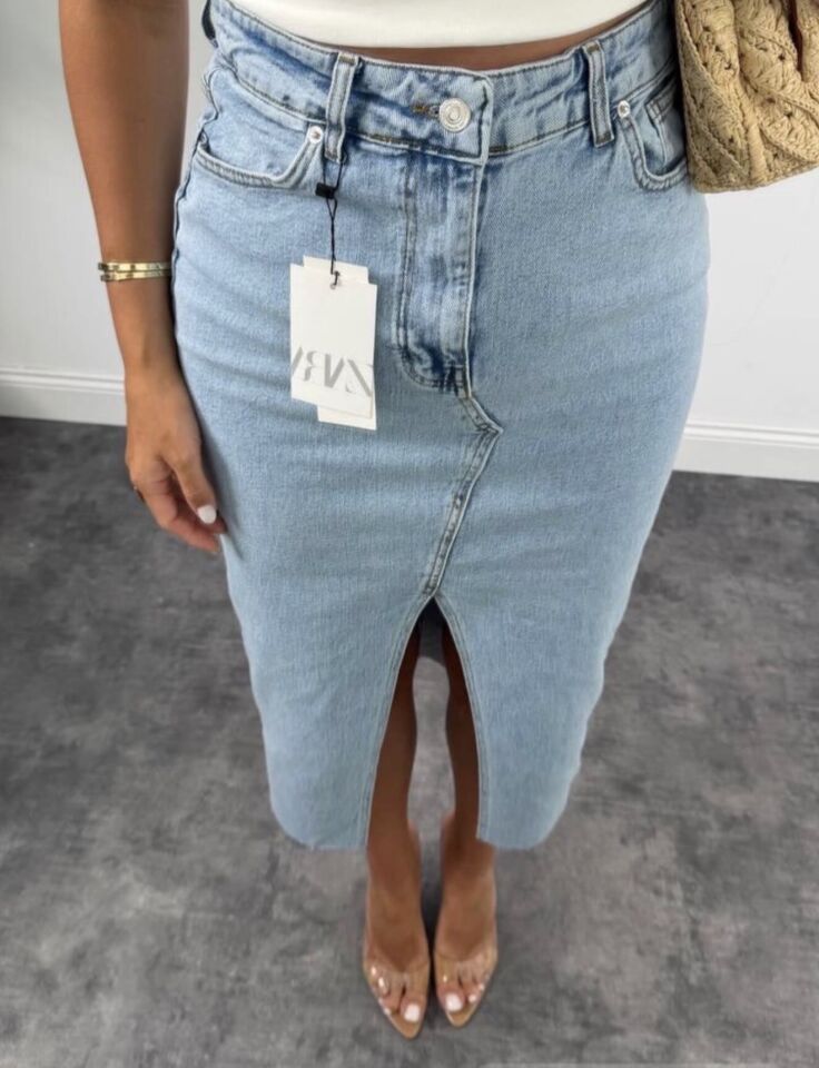 Zra Buz Mavi Yırtmaç Detay Midi Denim Etek