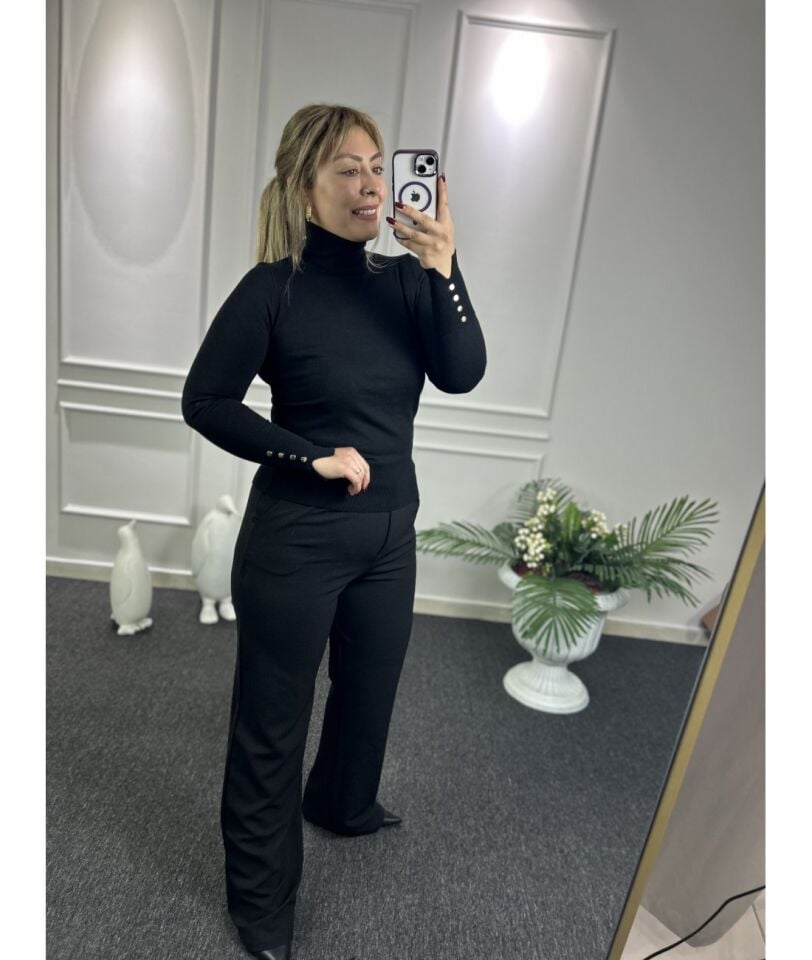 Siyah Cırtlı Palazzo Pantolon