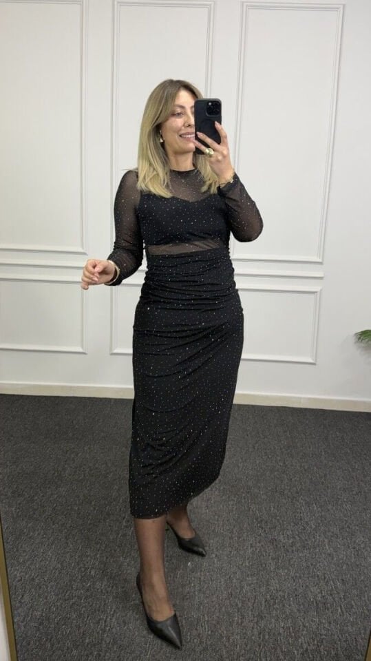 Taşlı Tül Kol Midi Elbise