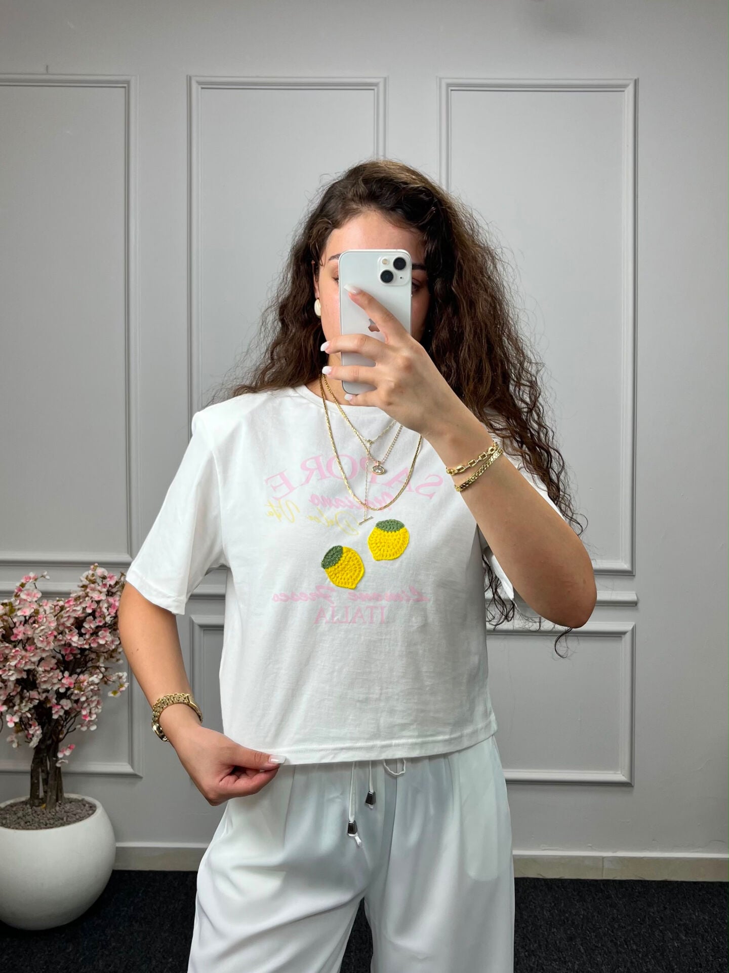 Quzu Limon Nakış Vatkalı Kısa Tshirt