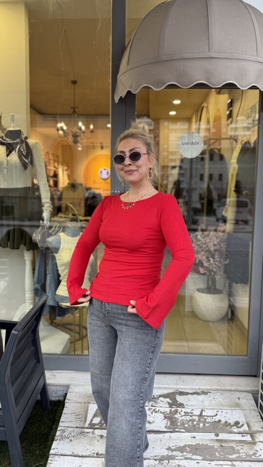 İspanyol Kol Basic Fitilli Pamuk Bluz