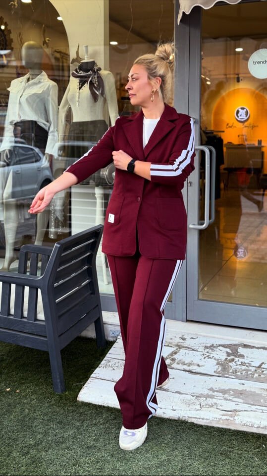 Spor Yan Şeritli Blazer Ceket Pantolon Takım