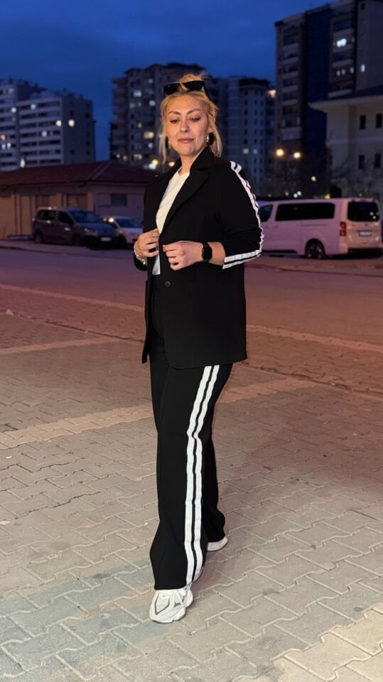 Spor Yan Şeritli Blazer Ceket Pantolon Takım